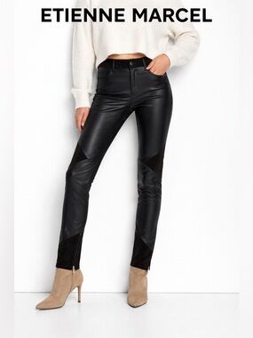 NWT Etienne Marcel Black Stretch Lamb Leather Paneled Moto Skinny Pants 24
